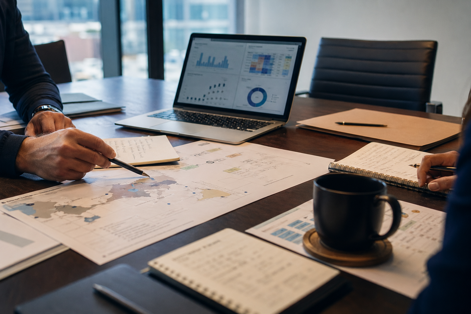 Commercial strategy materials on a conference table